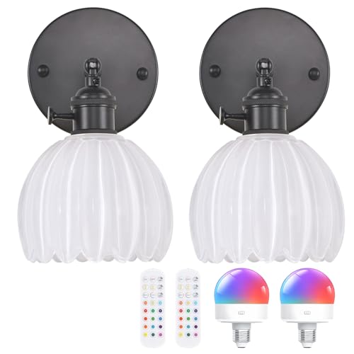Vintage Battery Operated Wall Sconce with White Tulip Glass Lampshade Rechargeable Battery Powered Black Wall Light with Remote Control for Bedside Bedroom Doorway (2 Count)