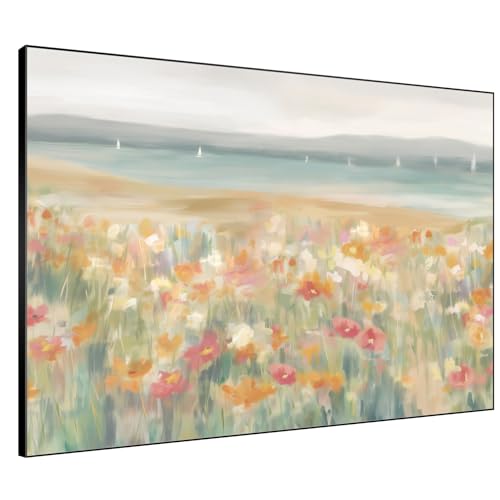 36"x46" Extra Large Framed Wall Art Coastal Flower Field with Sailing Boats Serene Landscape Illustration for Home Living Room Bedroom Decor