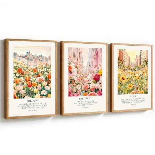 KAlRNE Christian Floral Framed Canvas Bible Verse Wall Art Set (3 Count)