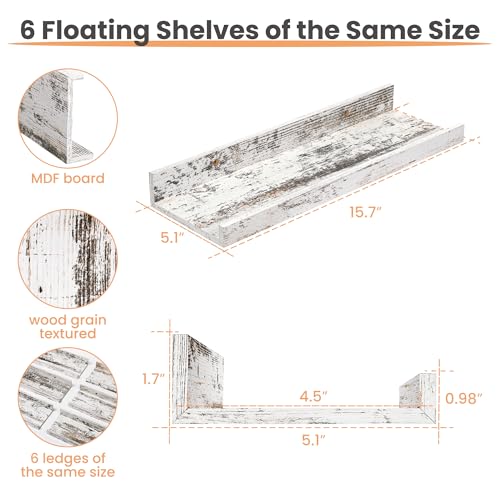 Floating Shelves for Wall Decor Storage Rustic White (6 Count)