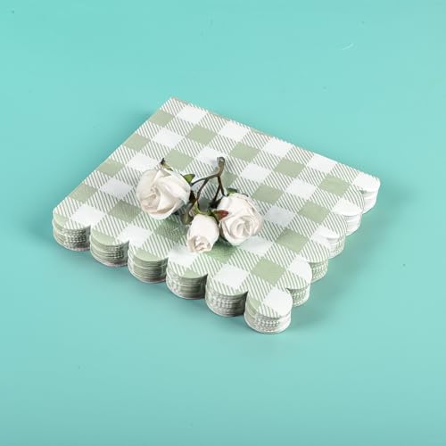 150Pcs Sage Green Gingham Party Supplies Green Gingham Paper Plates and Napkins Green Plaid Plates Disposable Greeny and White Plaid Party Decor for Birthday Family Picnic BBQ Party (150 Count)