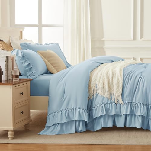 Light Blue Twin Size Ruffle Comforter Set