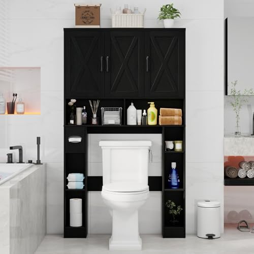 Over The Toilet Storage Cabinet with 3 Barn Doors.Black