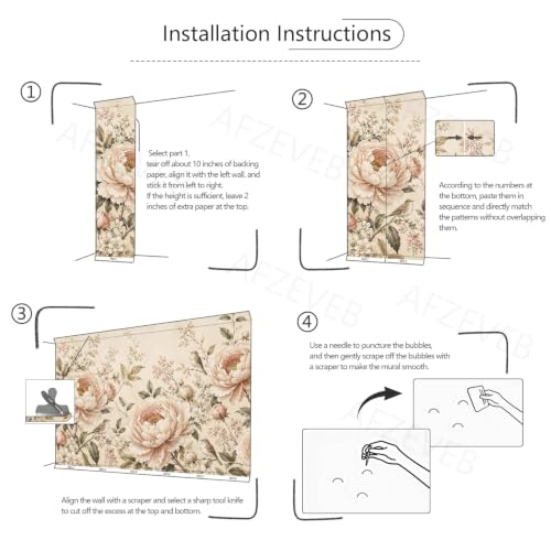 Retro Peony Floral Peel and Stick Wallpaper Mural for Bedroom