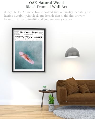 12x16in Surf’s Up Cowgirl Black Framed Newspaper Wall Art