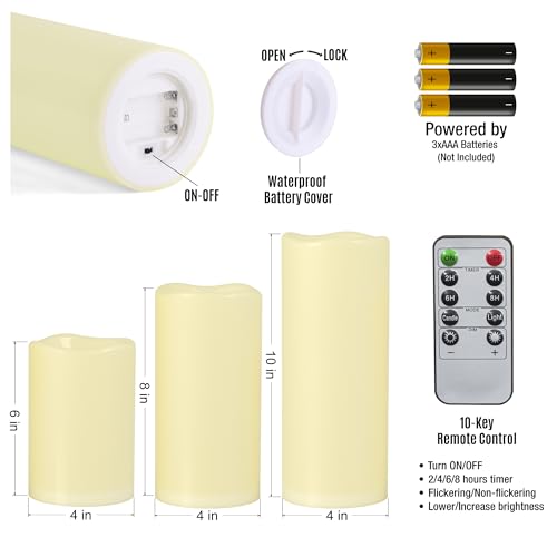 6" 8" 10" x 4" Ivory Large Waterproof Outdoor Flameless Candles Battery Operated LED Flickering Pillar Candles with Remote and Timer for Indoor Outdoor Lanterns (3 Count)