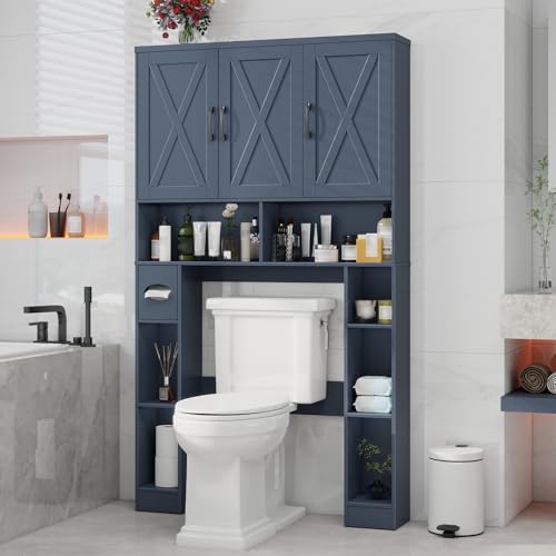 Over The Toilet Storage Cabinet with 3 Barn Doors.Blue