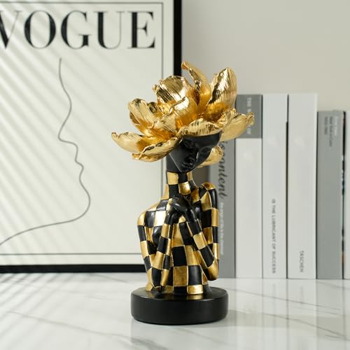 African Woman Sculpture with Golden Flower Headpiece
