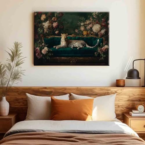 Trendy Cheetah Poster Wild Animal Pictures Dark Gothic Painting Panther on the Sofa Wall Art Fashion Cheetah Artwork 16x24inch framed