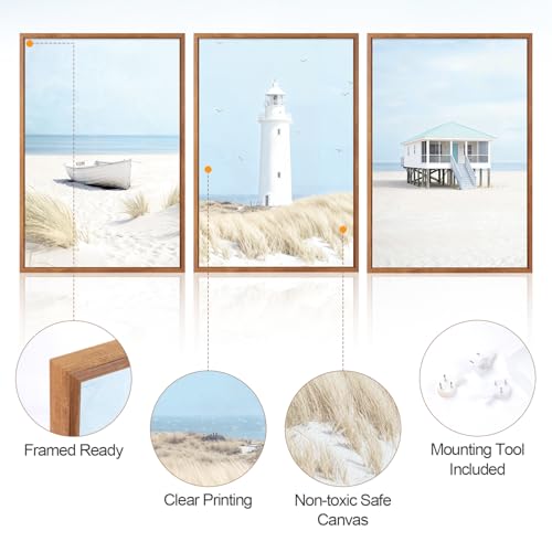 3 Pcs Blue Beach Coastal Framed Canvas Wall Art 16x24 Inch