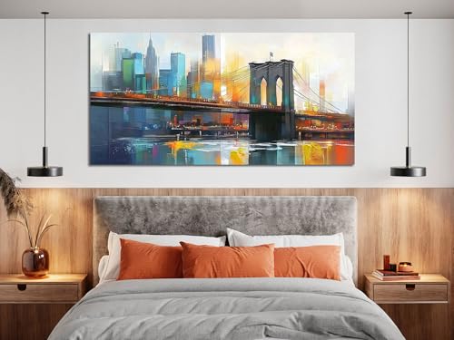 Cityscape Wall Art New York City Canvas for Living Room Painting Brooklyn Bridge Manhattan Bedroom Wall Art for Men Modern Picture Artwork Framed Home Office Wall Decor