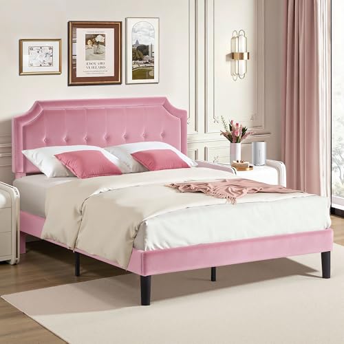 Queen Size Bed Frame with Velvet Upholstered Headboard
