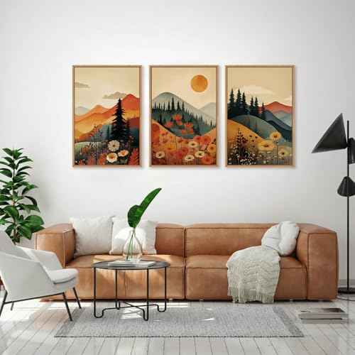 Large Boho Mountain Sunset Framed Canvas Wall Art Set