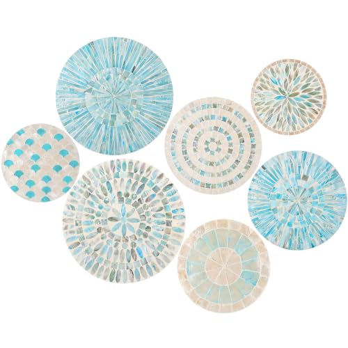 7 Pcs Blue Mother of Pearl Shell Plate Coastal Wall Art Mosaic Wall Sculpture Shell Handmade Hanging Plates Arts for Christmas Bedroom Bathroom Home Office Hotel (7 Count)