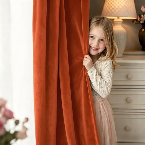 Fall Burnt Orange Blackout Velvet Curtains 96 Inch Long 52"x96" Soft (2 Count)