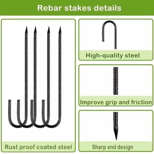 Rebar-Stakes-12-Inch, Ground Stakes Heavy Duty J-Hook Black Coated Anti-Rust Heavy Duty Ground Anchors for Garden Dog Fence Chicken Coop Christmas Decorations Deer Fence 20pcs (20 Count)