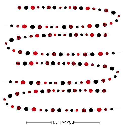 46Ft Buffalo Plaid Polka Dot Garlands Black Red Checkered Paper Circle Dot Streamer Banner for Birthday Bridal Shower Bachelorette Christmas Holiday Halloween Party Decorations Supplies