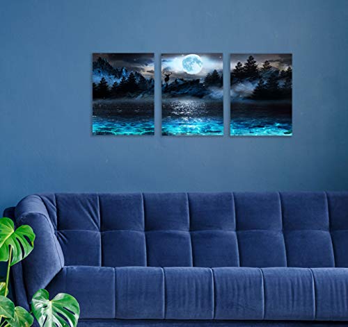 Wall Decorations For Living Room Moon Deer Ocean Landscape Picture Teen Room Decor Wall Art For Bedroom Modern Decor 3 Piece Framed Ready To Hang Moon Wall Art 3 Piece Wall Art Size 12x16 Each Panel