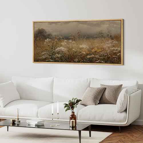 Extra Large Framed Canvas Print Wall Art Autumn Meadow Landscape Rustic Field Illustrations Fine Art Illustrations Decorative Colorful for Bedroom
