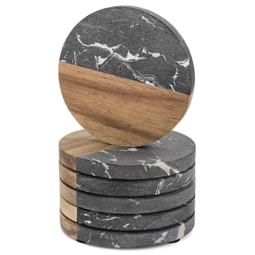 6 Pc Black Marble Wood Coasters (6 Count)