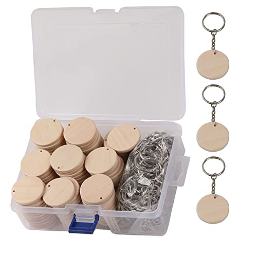 100Pcs Round Wood Circles with Keychain