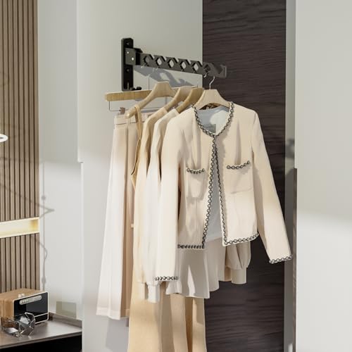 Wall Mount Coat Hanger Holder Black Clothes Drying Organizer Rack Garment Hooks Aluminium Retractable Folding Indoor Wall Mounted Hanger for Laundry Room Bedroom Black 2Pack with 80cm Rod