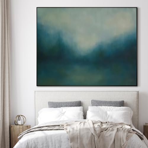 46"x60" Extra Large Framed Wall Art Misty Blue Landscape Abstract Ocean and Sky Illustration for Home Living Room Bedroom Decor
