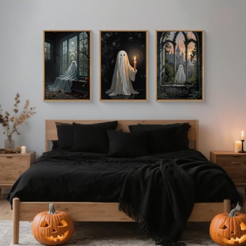 Large Halloween Cute Ghost Framed Canvas Wall Art Set