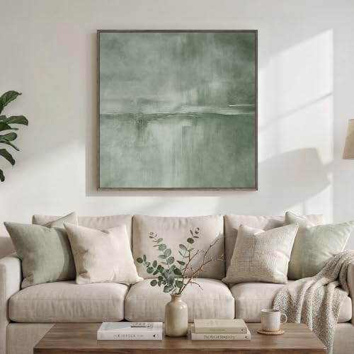Large Framed Sage Green Abstract Wall Art for Living Room Decor