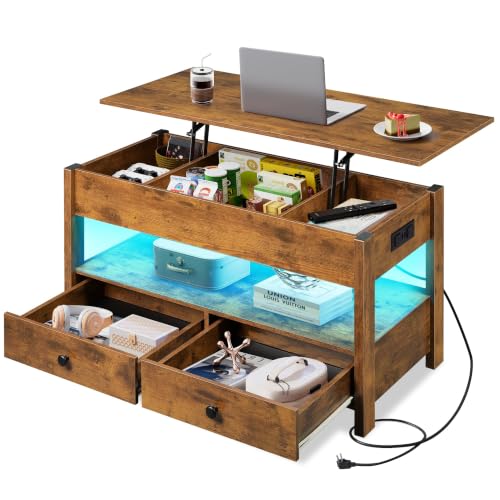 Lift Top Coffee Table with LED and 2 Drawers