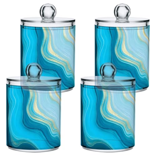 2 Pack Qtip Holder Organizer Dispenser Teal Turquoise Blue Marble Bathroom Storage Canister Cotton Ball Holder Container for Cotton Pads (2 Count)
