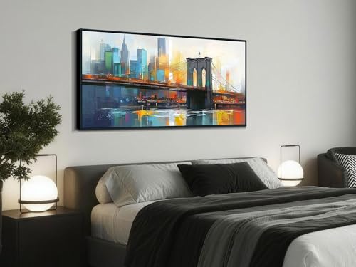 Cityscape Wall Art New York Canvas Framed Painting Extra Large 58x29