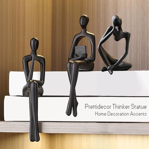 Abstract Small Black Reading Thinker Statue for Book Shelf Office (3 Count)