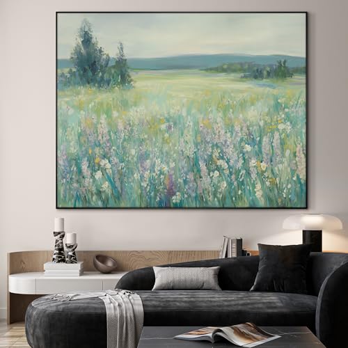 36"x46" Extra Large Framed Wall Art Wildflower Meadow Landscape Soft Pastel Nature Illustration for Home Living Room Bedroom Decor