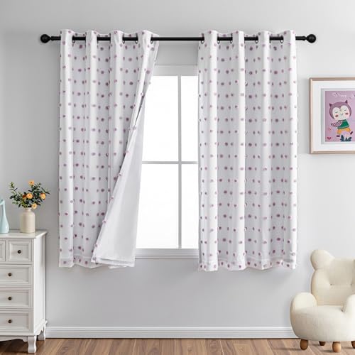 100% Blackout Curtains for Girls Bedroom 54 Inch Long Purple Pom Pom Full Blackout Curtains for Kids Room 2 Panels Room Darkening Small Window Treatment Grommet 2 Layered Drapes 50"W x 54"L (2 Count)