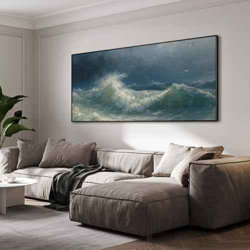 36"x72" Extra Large Framed Wall Art Dramatic Ocean Waves with Stormy Sky and Seagulls for Home Living Room Bedroom Decor