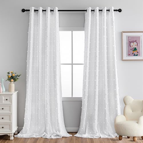100% White Blackout Curtains for Sliding Door 108 Inches Long Total Light Blocking Curtains for Living Room 2 Panels Grommet Room Darkening Drapes with White Pom Pom Sheer 50 x 108 Inch