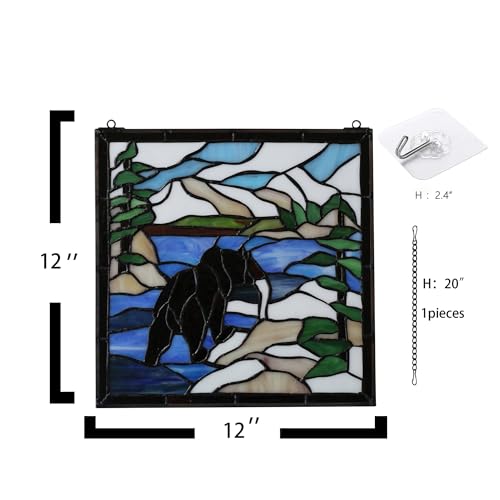 Stained Glass Window Hanging 12" Square Tiffany Animal Style Brown Bears Suncatcher Wall Decor Art Panel Includes 20" Chain and Hooks The Perfect Housewarming Gift