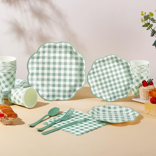 350 Pcs Sage Green Gingham Paper Plates and Napkins Party Supplies