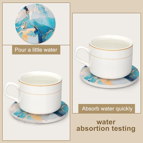 6 Pcs Light Blue Marble Abstract Ceramic Coasters with Holder for Table (6 Count)