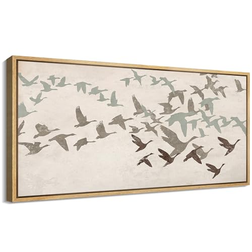 Extra Large Framed Canvas Print Wall Art Wild Freedom Assorted Birds in Flight Antique Retro Fine Art Illustrations Decorative Colorful for Bedroom