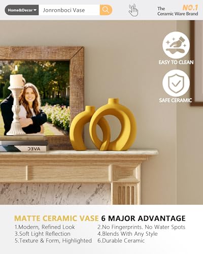 Set of 2 Yellow Ceramic Vases for Home Decor Accents