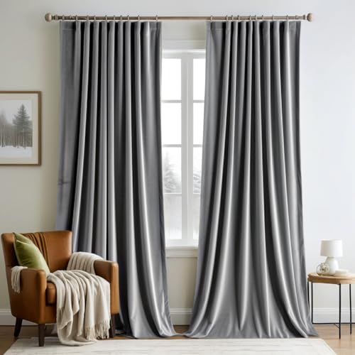 Grey Velvet Pinch Pleat Blackout Curtains W52 X L90 Inches (2 Count)