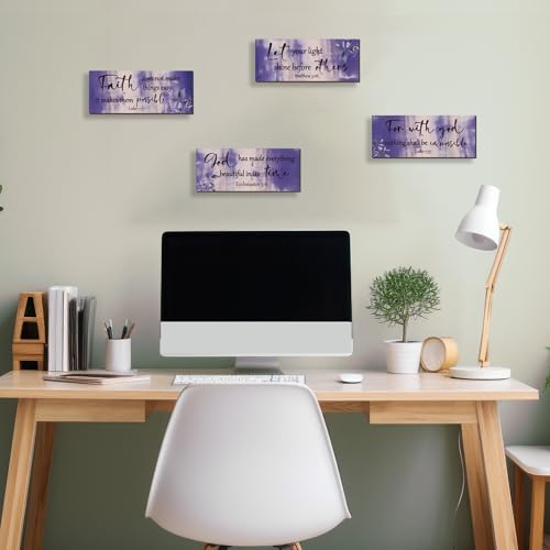 4 Pieces Purple Bathroom Decor Bible Verses Wooden Wall Decor Abstract Office Christian Religious Art for Women Office Home Bedroom Living Room Decoration (4 Count)