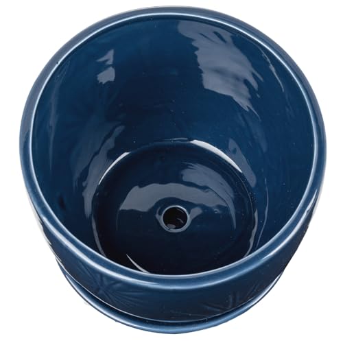 7 Inch Round Blue Ceramic Plant Pot with Drainage Hole and Attached Saucer