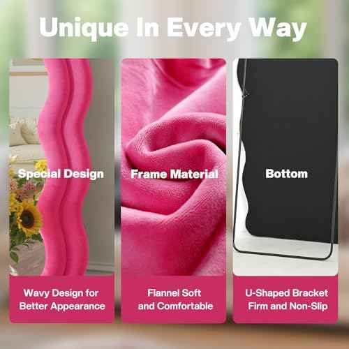 Full Length Mirror 71"x30" Irregular Wavy Full Body Wall Mounted Floor Mirror with Stand Hot Pink Flannel Frame Leaning Hanging Wall for Bedroom Entrance Hallway