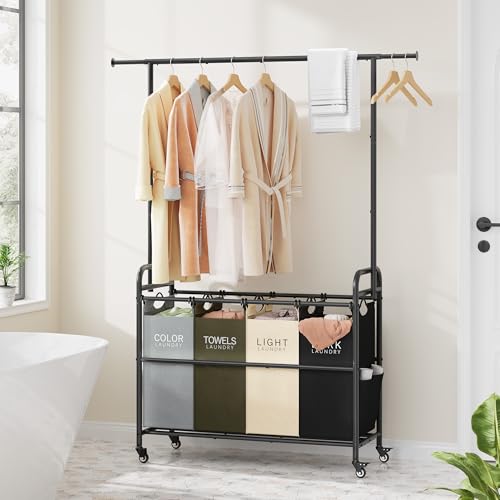 Laundry Sorter Cart with Hanging Clothes Rack