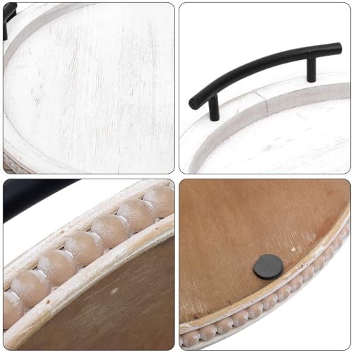 White Wooden Beaded Serving Tray with Handle Decorative Rustic Whitewashed Tray for Coffee Table Farmhouse Round Tray for Kitchen
