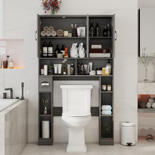 Over The Toilet Storage Cabinet with 3 Barn Doors.Wash Grey