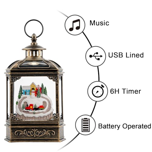 Christmas Village Snow Globe Lantern Musical Lighted Mountain Village Snowman & Train Water Lantern in Swirling Glitter